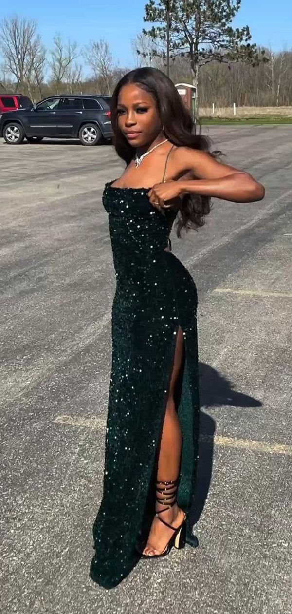 Dark green shiny elegant mermaid sequins long slit sexy ball gown prom dress evening dress 22nd birthday outfit party dress gh2986s mysite