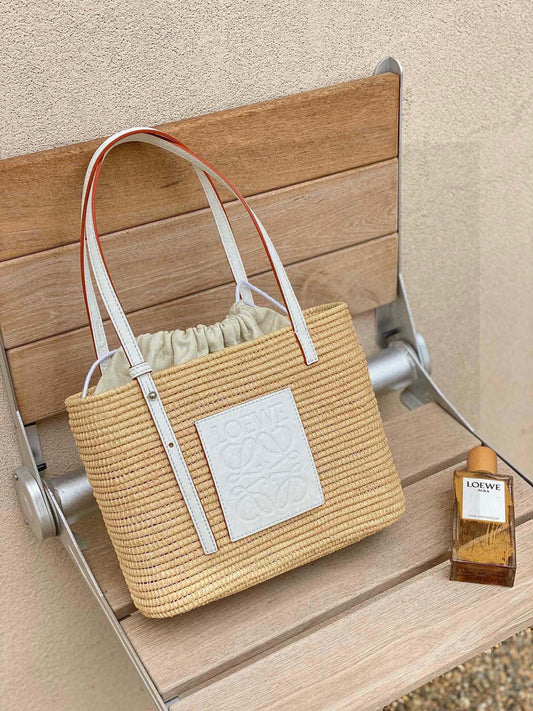Loewe Small Square Basket Bag In Raffia And Calfskin NaturalWhite mysite
