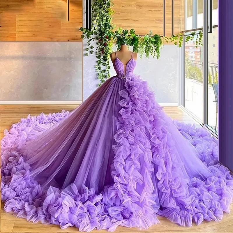 Purple gorgeous fashion V-neck beaded long tulle floor-length trailing ball gown prom dress evening gown wedding dress gh1803s mysite