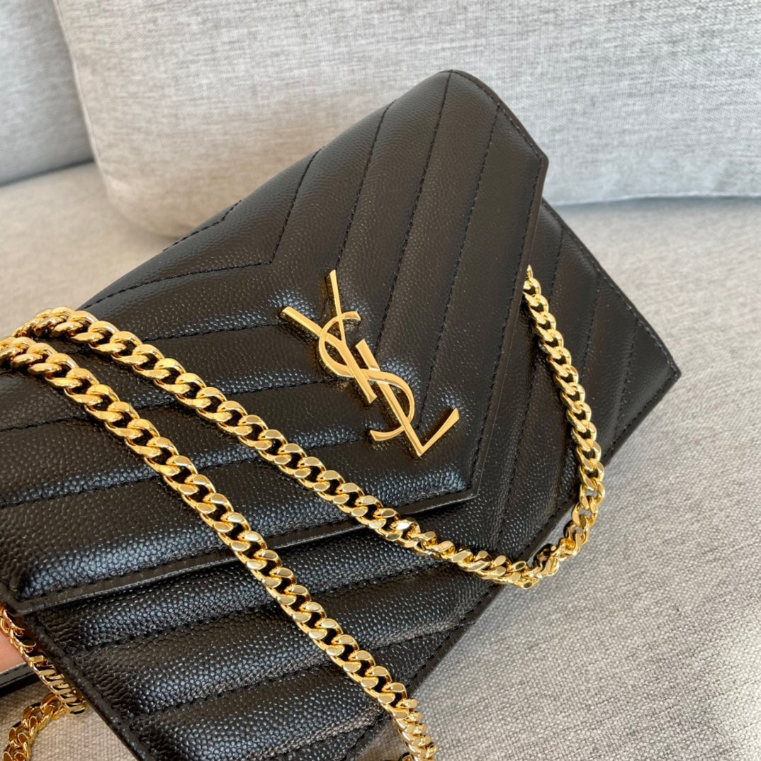 YSL  Cassandre Envelope Chain Wallet Black Grain Leather Golden Hardware 19 cm mysite
