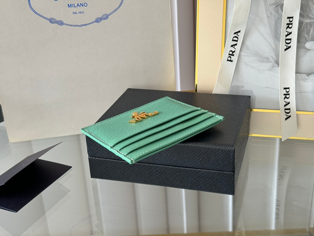 Pra Gold Logo-Stamp Card Holder Mint Saffiano Leather mysite
