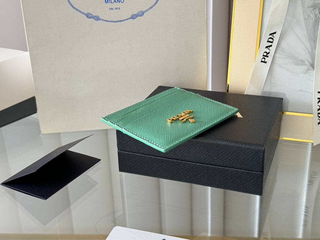 Pra Gold Logo-Stamp Card Holder Mint Saffiano Leather mysite