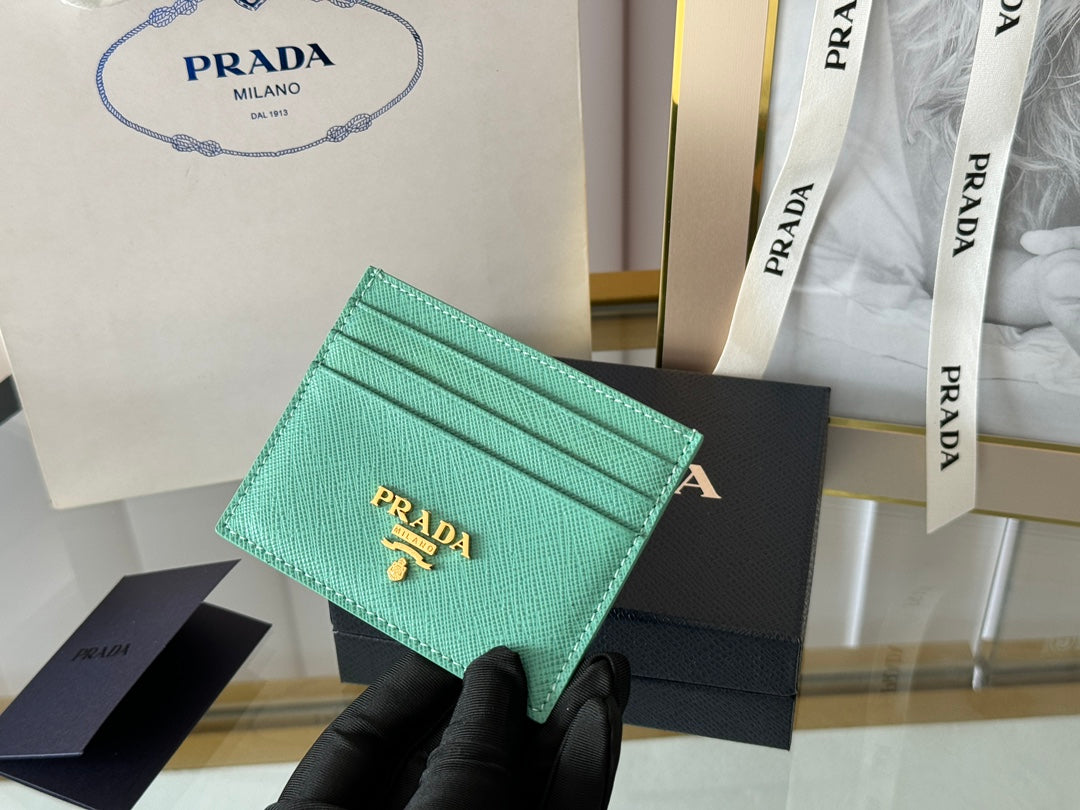 Pra Gold Logo-Stamp Card Holder Mint Saffiano Leather mysite