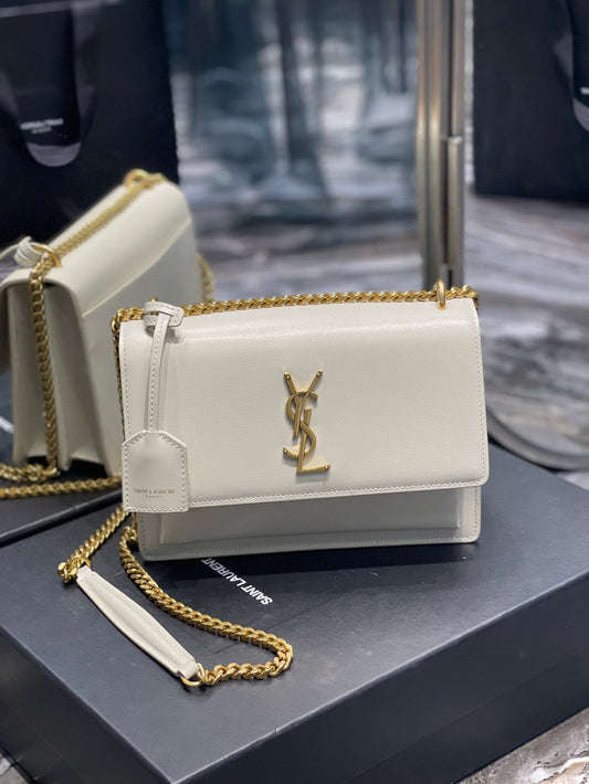 YSL Medium Sunset Bag 22 White Lambskin Gold Tone 22 x 16 x 8cm mysite