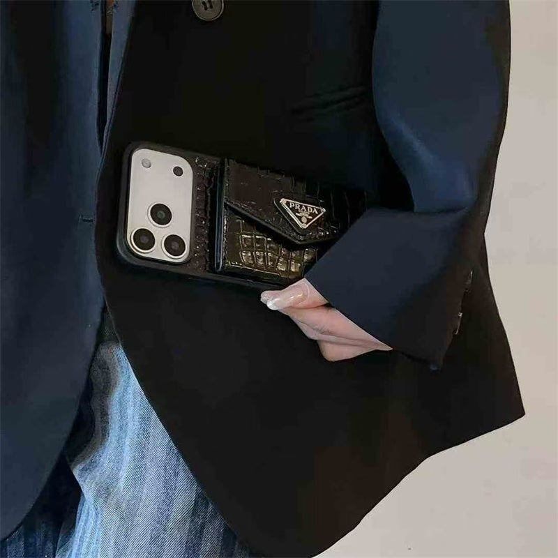 Elegant Prada Apple Phone Case with Card Holder For iPhone 17 / 16 / 15 / 14s mysite