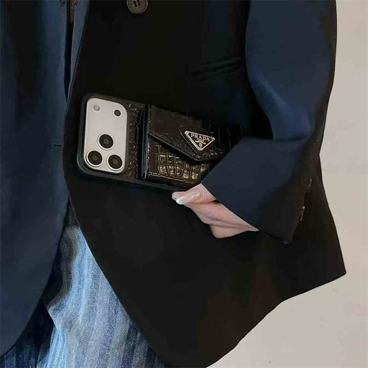Elegant Prada Apple Phone Case with Card Holder For iPhone 17 / 16 / 15 / 14s mysite
