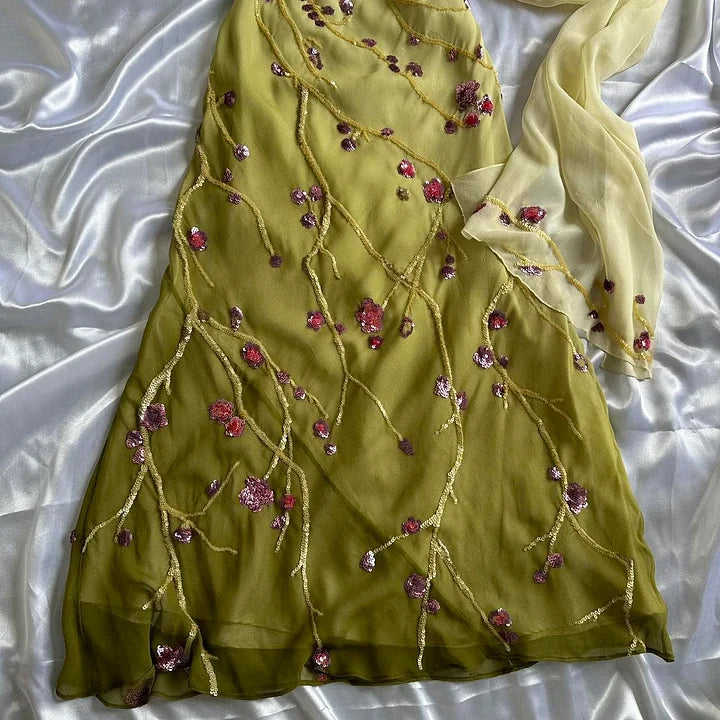 Yellow Green gorgeous exquisite vintage embroidered spaghetti strap long ball gown prom dress evening gown gh2932s mysite