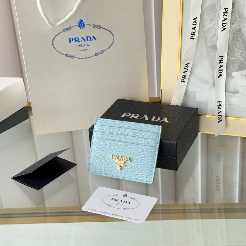 Pra Gold Logo-Stamp Card Holder Light Blue Saffiano Leather mysite