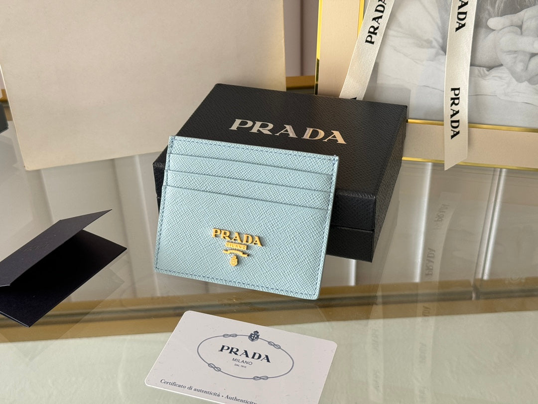 Pra Gold Logo-Stamp Card Holder Light Blue Saffiano Leather mysite