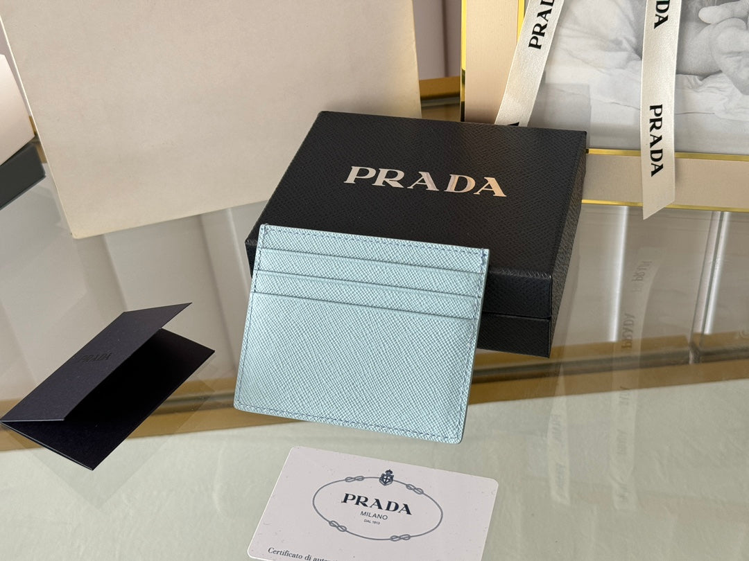 Pra Gold Logo-Stamp Card Holder Light Blue Saffiano Leather mysite