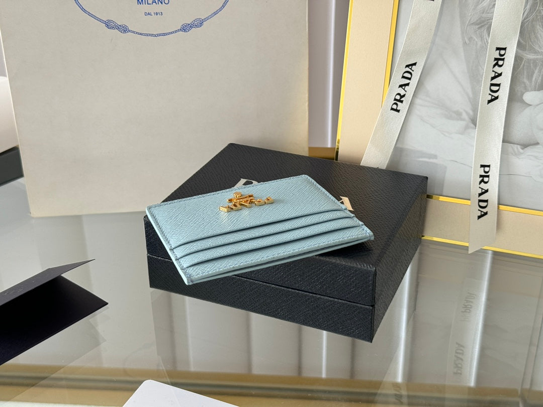 Pra Gold Logo-Stamp Card Holder Light Blue Saffiano Leather mysite