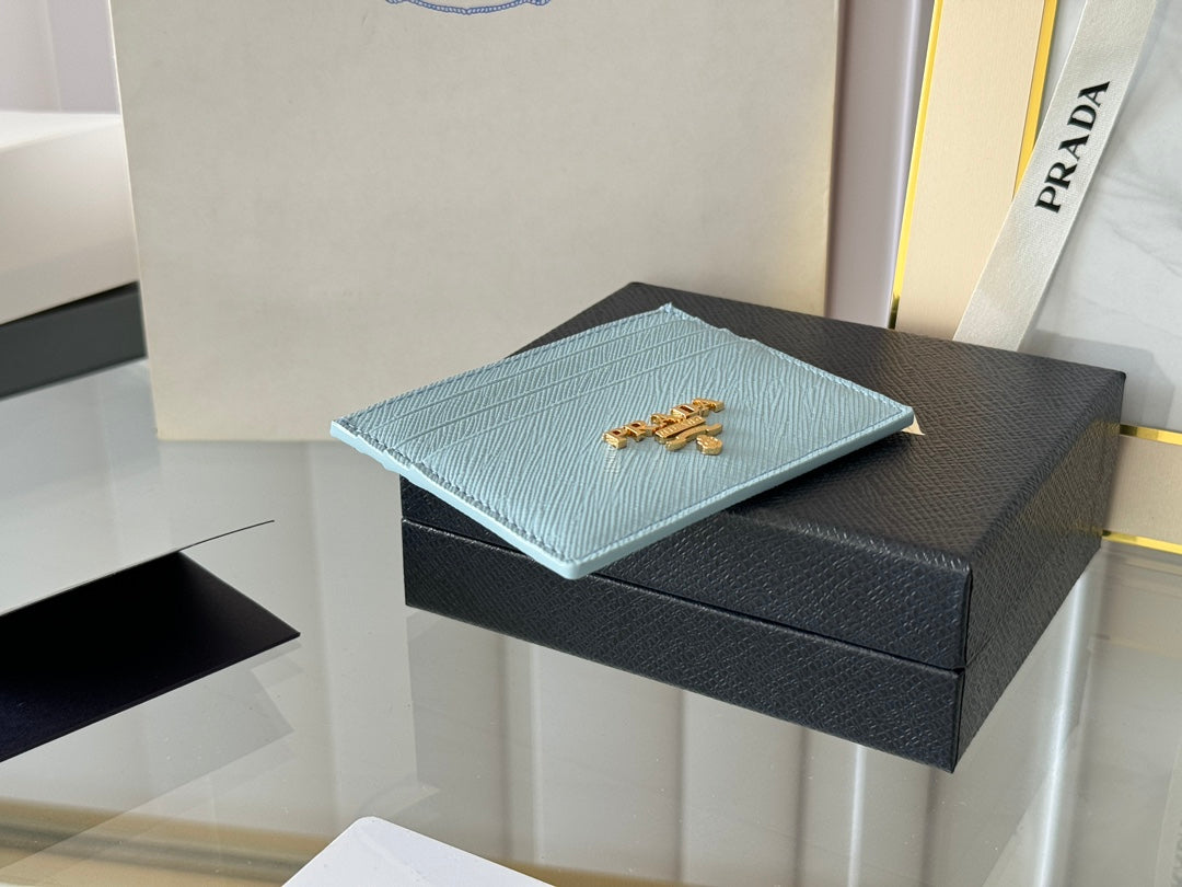 Pra Gold Logo-Stamp Card Holder Light Blue Saffiano Leather mysite