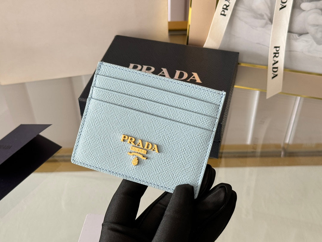 Pra Gold Logo-Stamp Card Holder Light Blue Saffiano Leather mysite