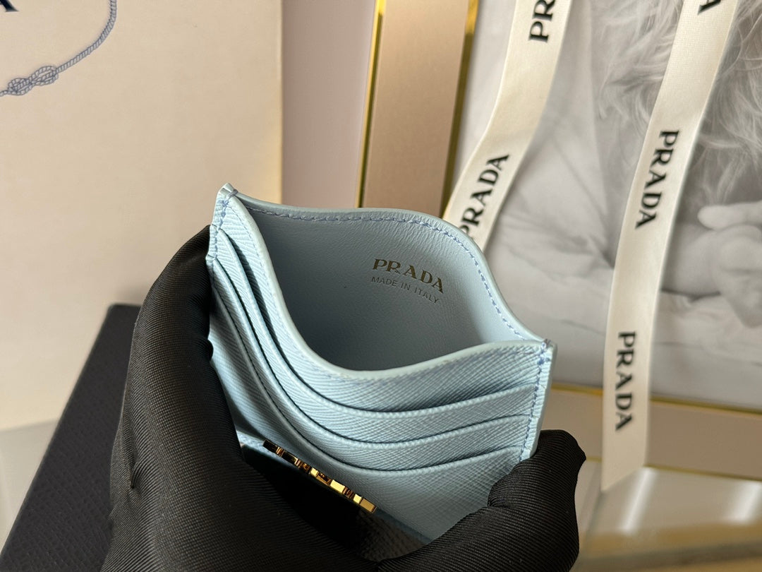 Pra Gold Logo-Stamp Card Holder Light Blue Saffiano Leather mysite
