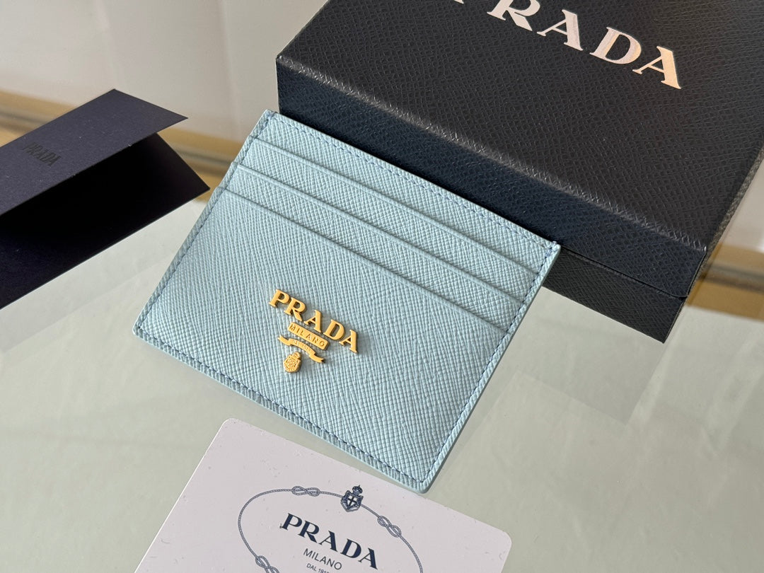 Pra Gold Logo-Stamp Card Holder Light Blue Saffiano Leather mysite