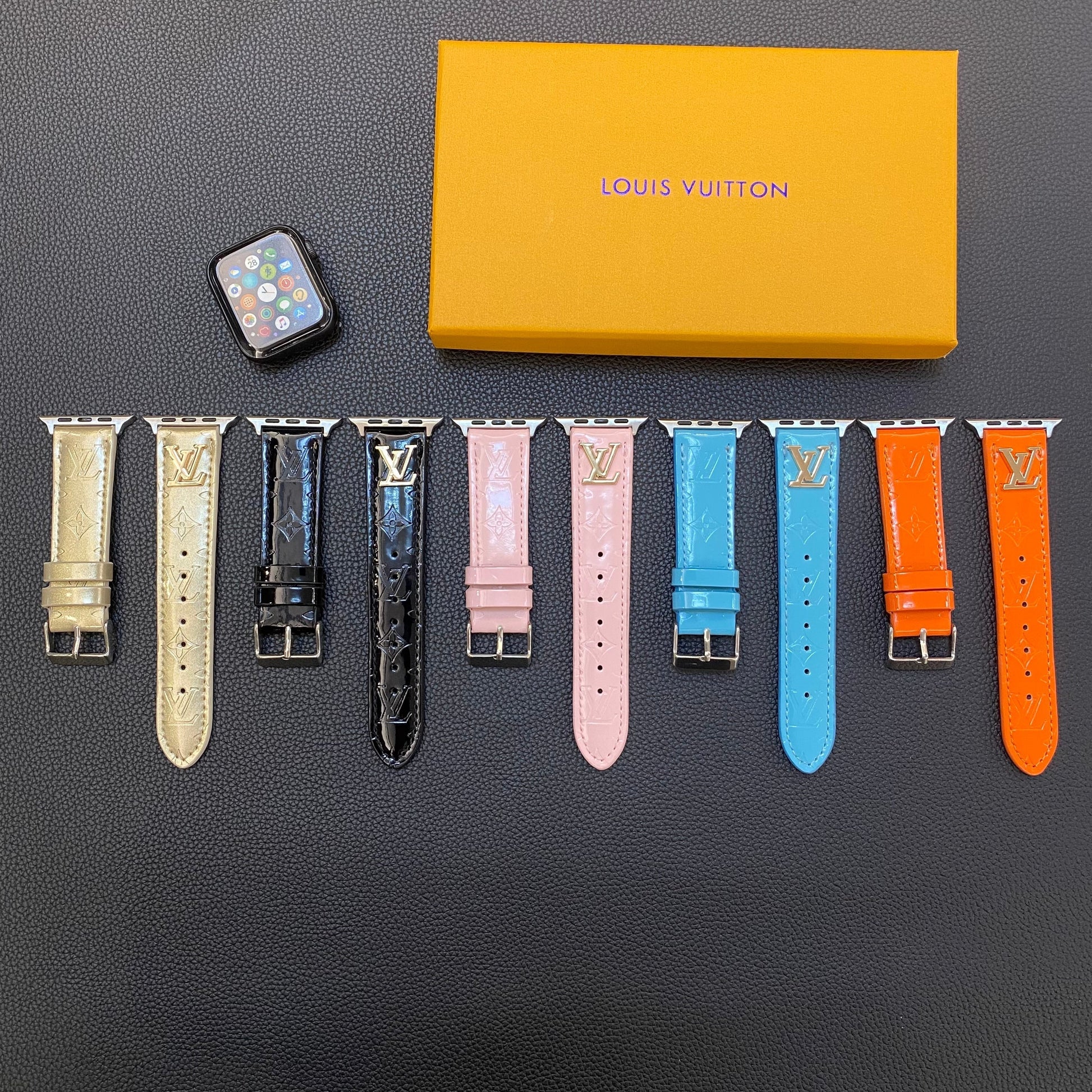 GLOSSY LEATHER APPLE WATCH STRAP LUXURY METAL LOGO mysite