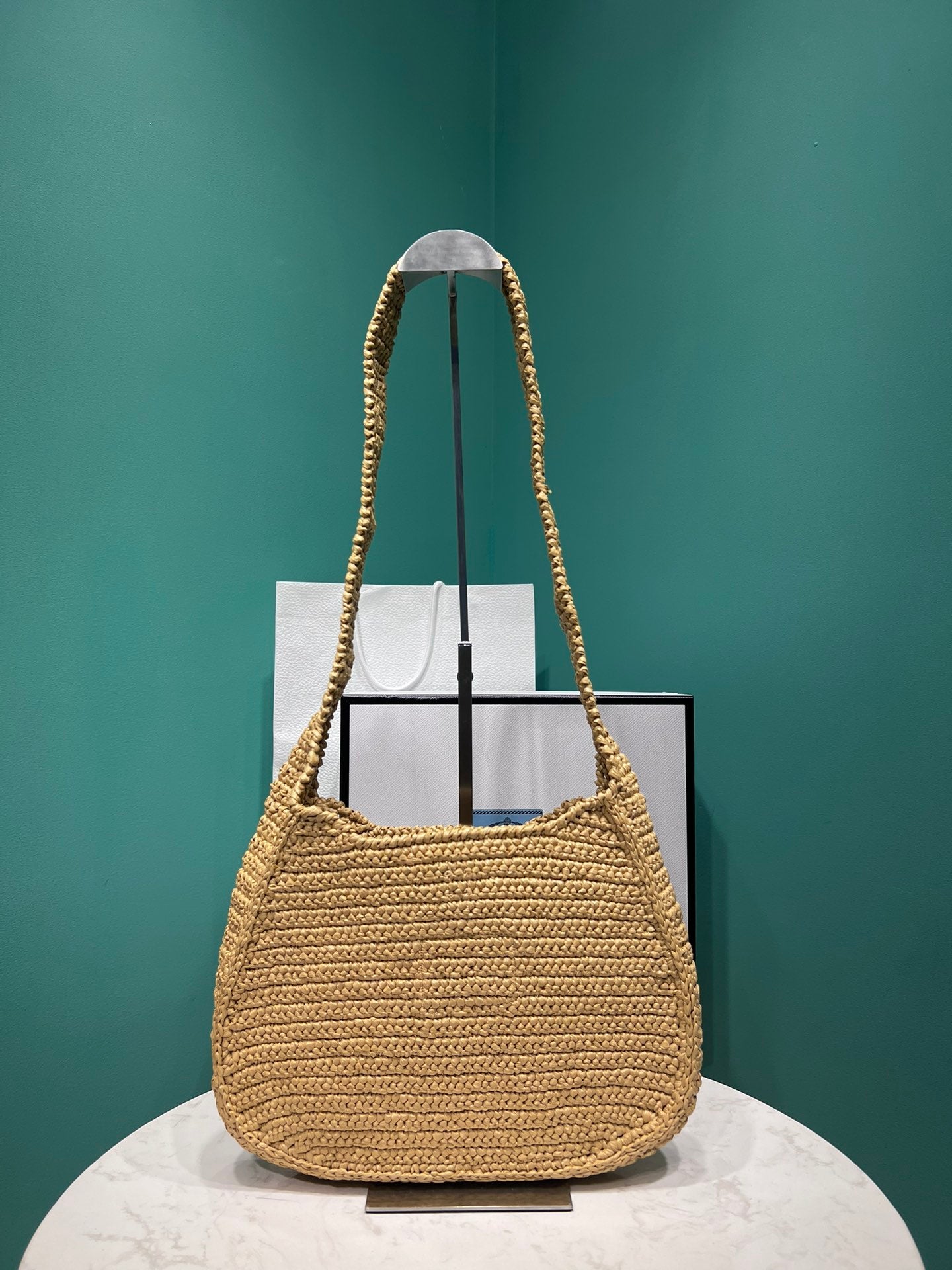 Prada Raffia Round Tote - 30x24x4.5cm mysite