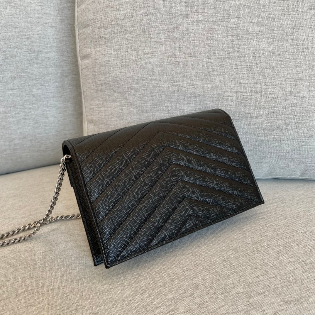YSL  Cassandre Envelope Chain Wallet Black Grain Leather 19x11.5x4 cm mysite