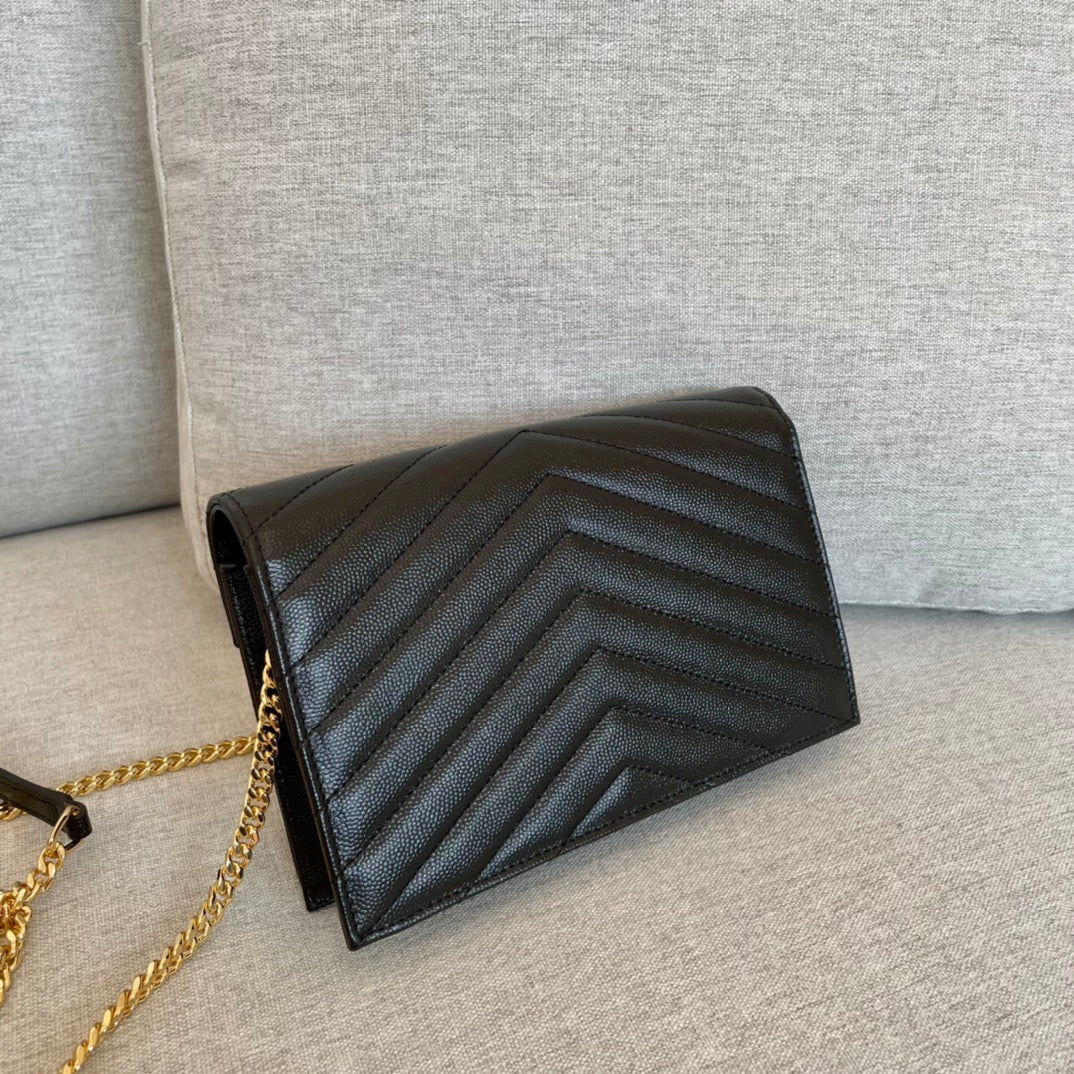YSL  Cassandre Envelope Chain Wallet Black Grain Leather Golden Hardware 19 cm mysite