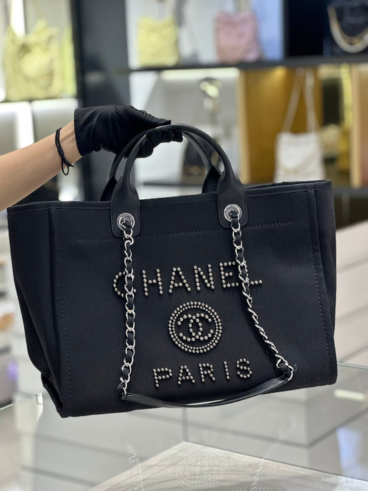 Chanel Natural Canvas and Black Leather Large Pearl Deauville Tote - 30x39x22cm mysite