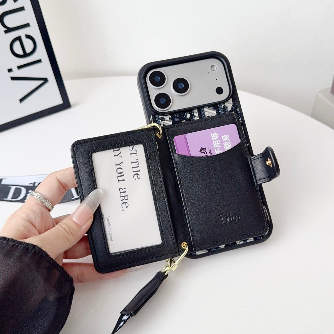 Dior Leather Phone Case With Card Wallet And Strap For iPhone 17 / 16 / 15 / 14s mysite