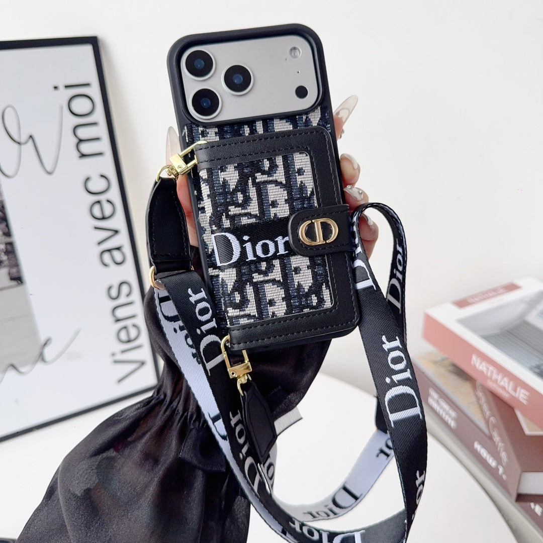 Dior Leather Phone Case With Card Wallet And Strap For iPhone 17 / 16 / 15 / 14s mysite