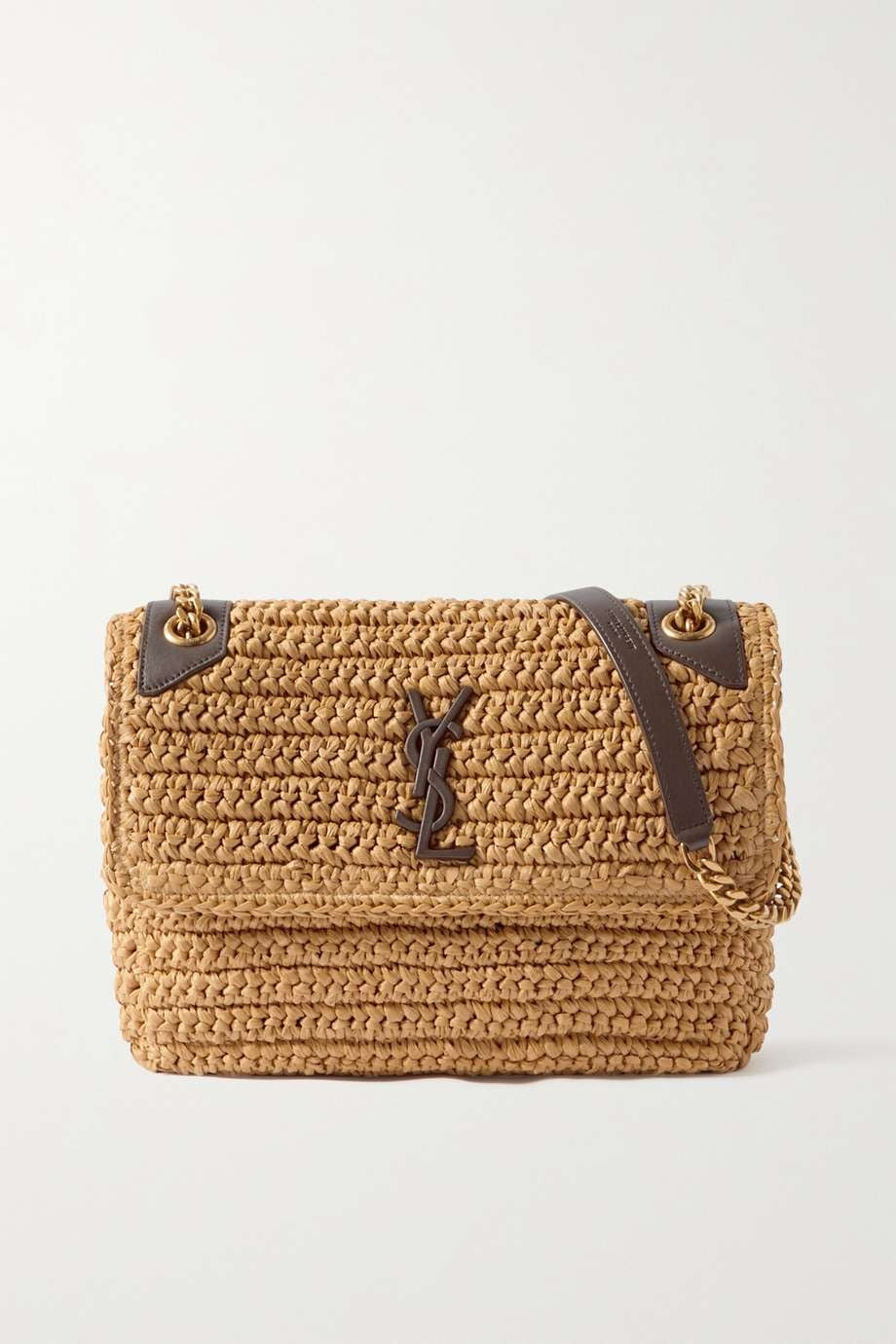 SAINT LAURENT Niki medium leather-trimmed raffia shoulder bag Cream mysite