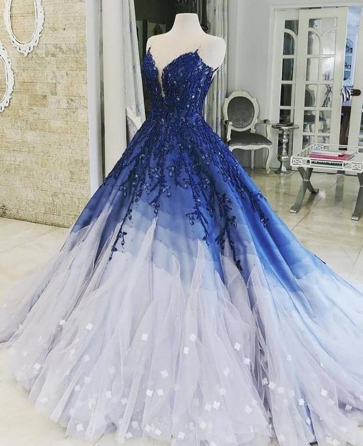 Blue Shiny Elegant V-Neck Applique Gradient Long Ball Gown Prom Dress Evening Dress Adult Ceremony Dress gh3104s mysite