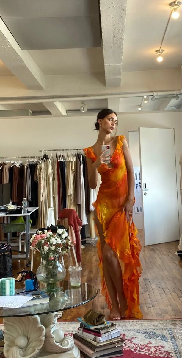 Orange Fashion Gradient Spaghetti Strap Long Ruffle Elegant Chiffon Ball Gown prom dress Evening Dress Holiday Party Dress gh3319s mysite