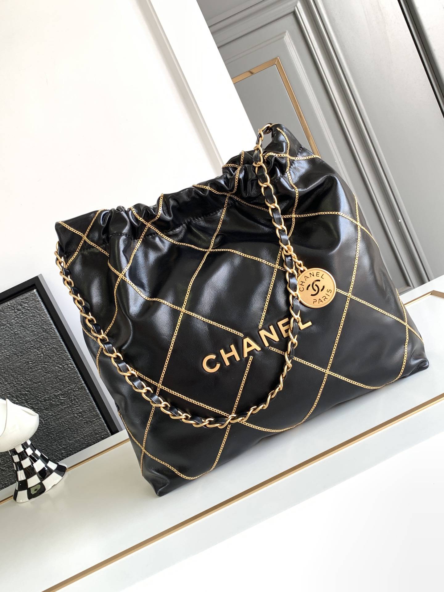 Chanel 22 Handbag 23B Shiny Calfskin Black Chain Quilt 35  x 37 x 7 cm mysite