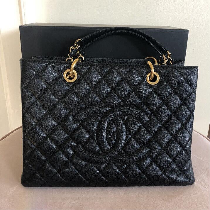 Authentic Chanel CC BlackGold Caviar Quilted Grand Shopping Tote mysite
