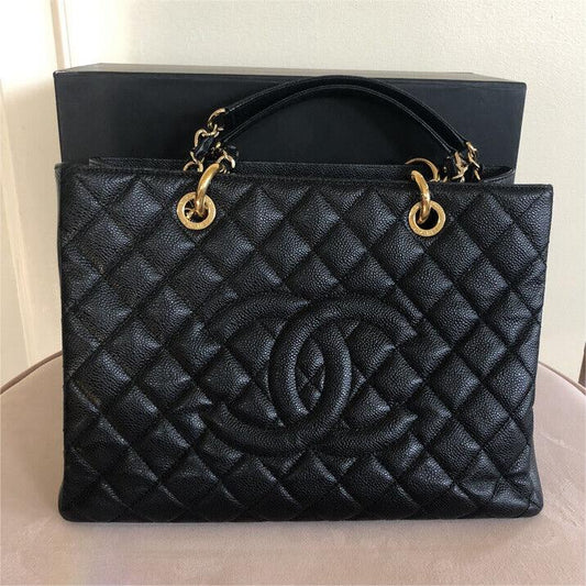 Authentic Chanel CC BlackGold Caviar Quilted Grand Shopping Tote mysite