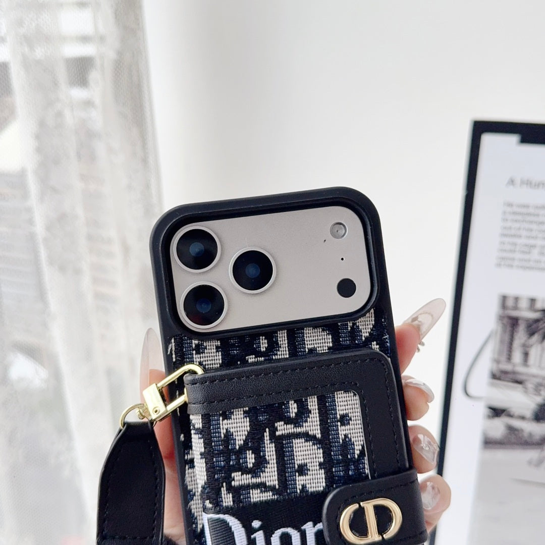 Dior Leather Phone Case With Card Wallet And Strap For iPhone 17 / 16 / 15 / 14s mysite