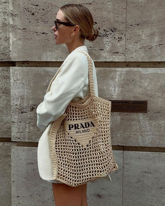 Prada Women's Natural Crochet Tote Bag-Khaki mysite