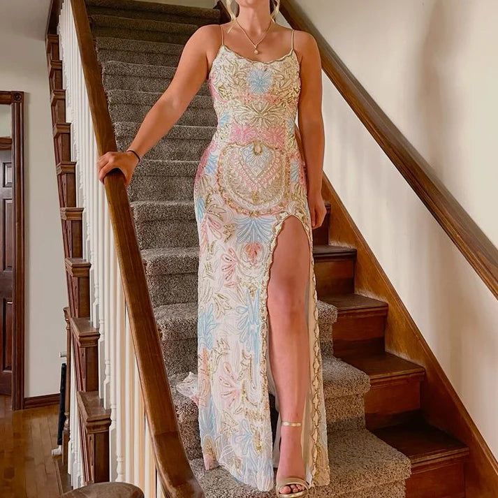 White gorgeous shiny exquisite beaded spaghetti strap sequined backless long chiffon ball gown prom dress evening gown holiday party dress gh2799s mysite