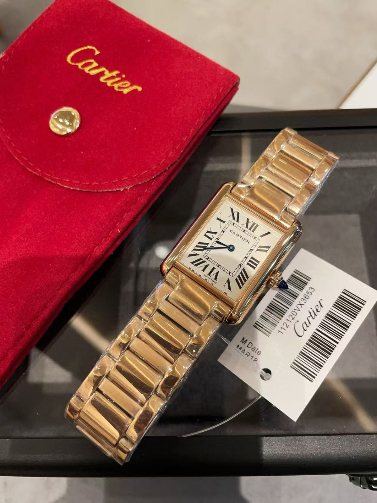 Cartier Rectangular Gold - Toned Watch with Red Pouchs-1 mysite