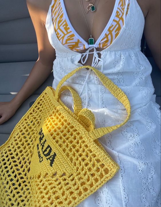Prada Women's Natural Crochet Tote Bag-Yellow mysite