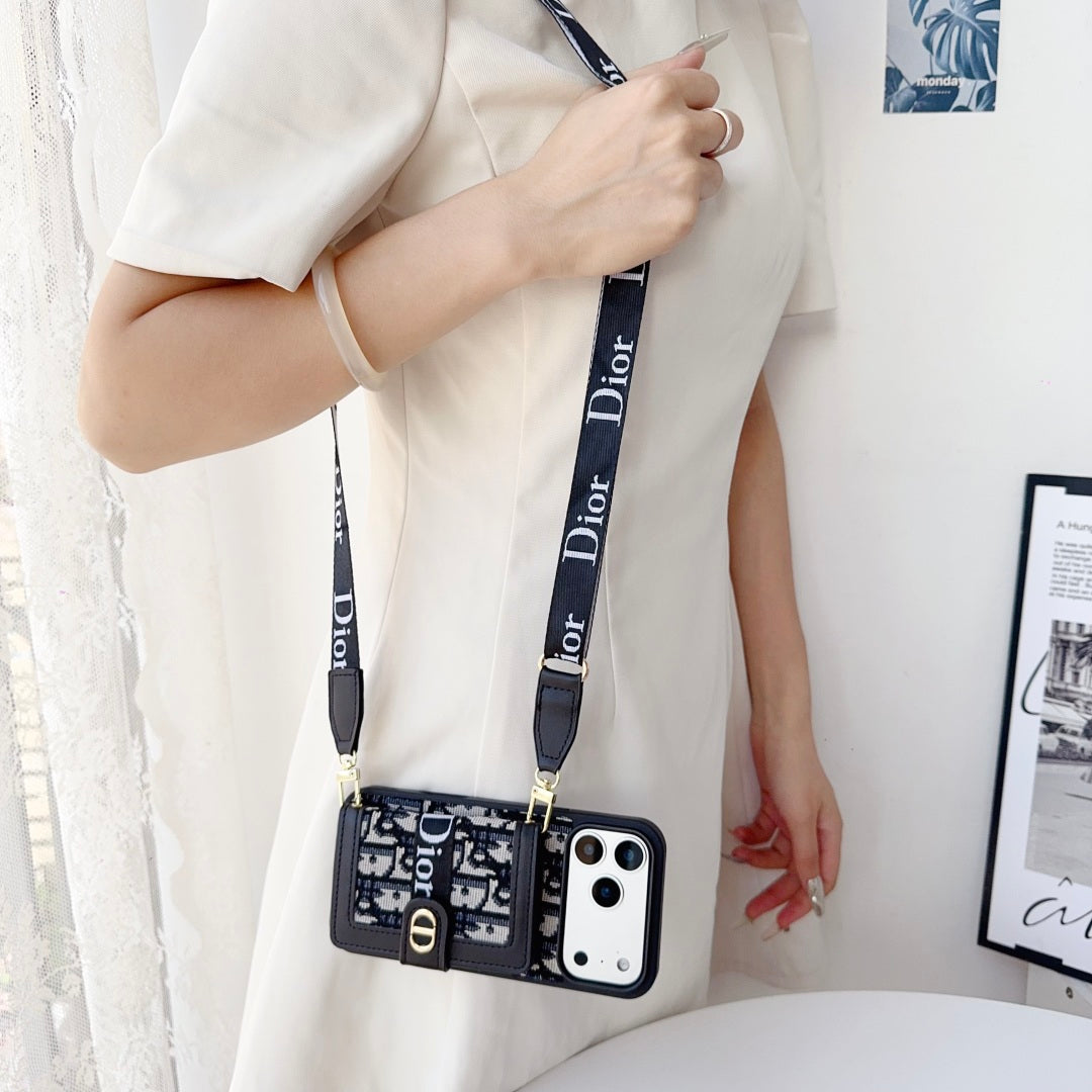 Dior Leather Phone Case With Card Wallet And Strap For iPhone 17 / 16 / 15 / 14s mysite