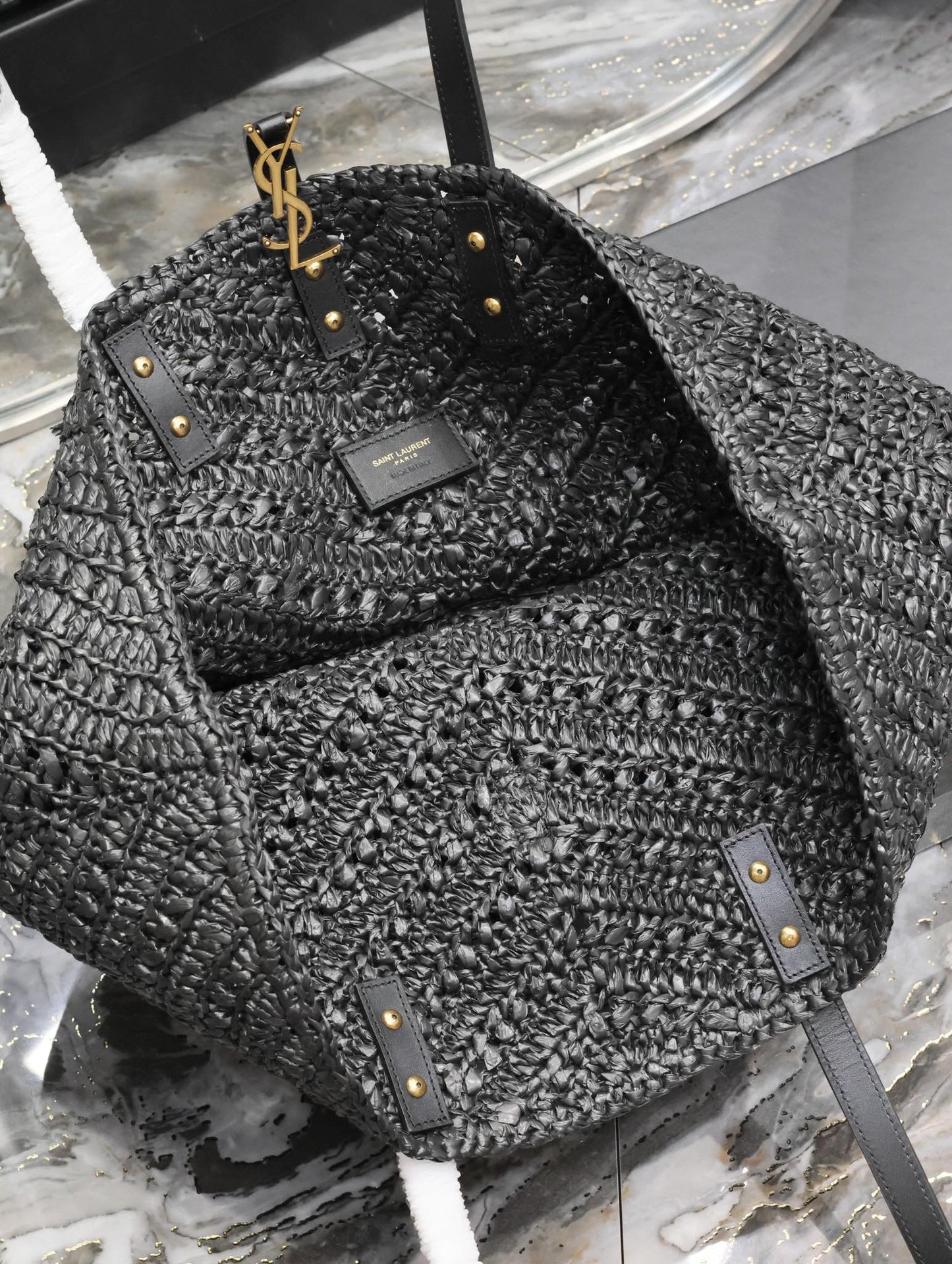YSL PANIER MEDIUM IN RAFFIA AND VEGETABLE-BLACK LEATHER mysite