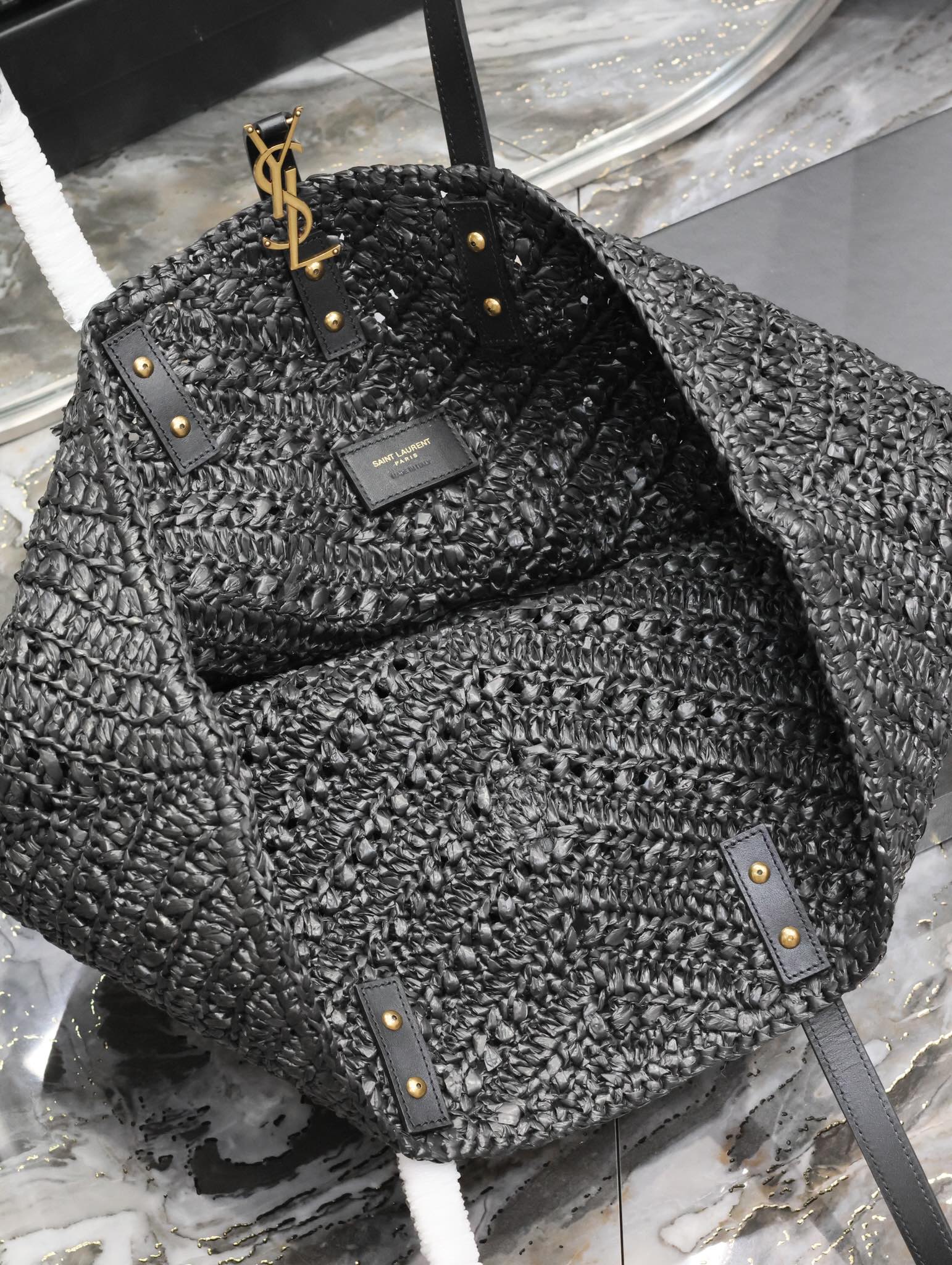 YSL PANIER MEDIUM IN RAFFIA AND VEGETABLE-BLACK LEATHER mysite
