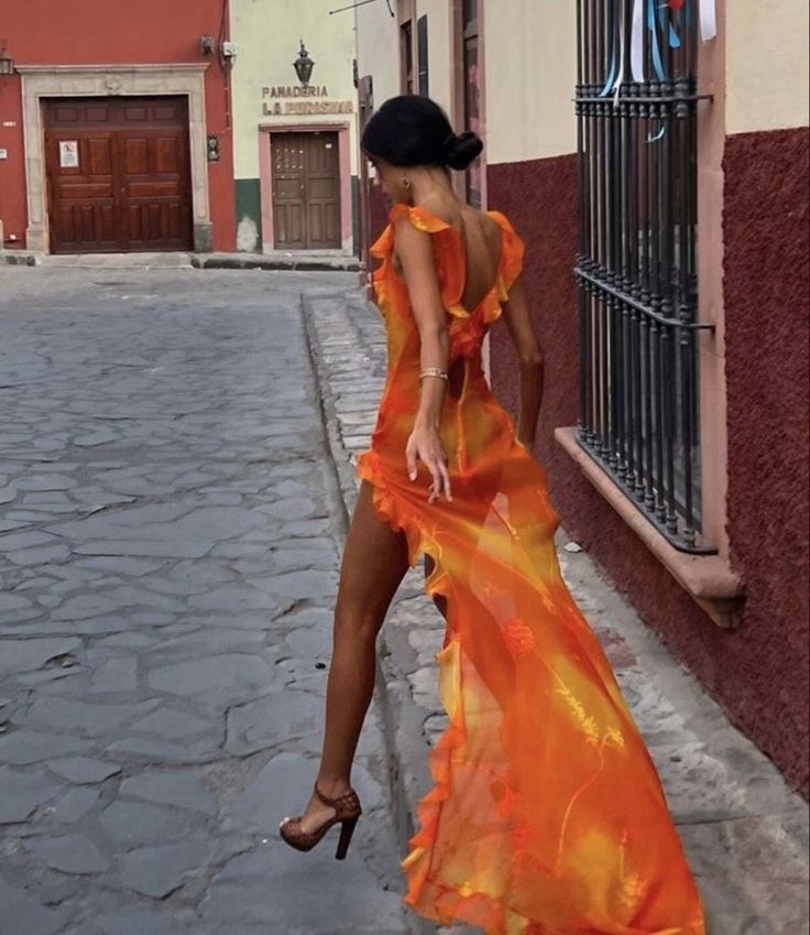 Orange Fashion Gradient Spaghetti Strap Long Ruffle Elegant Chiffon Ball Gown prom dress Evening Dress Holiday Party Dress gh3319s mysite