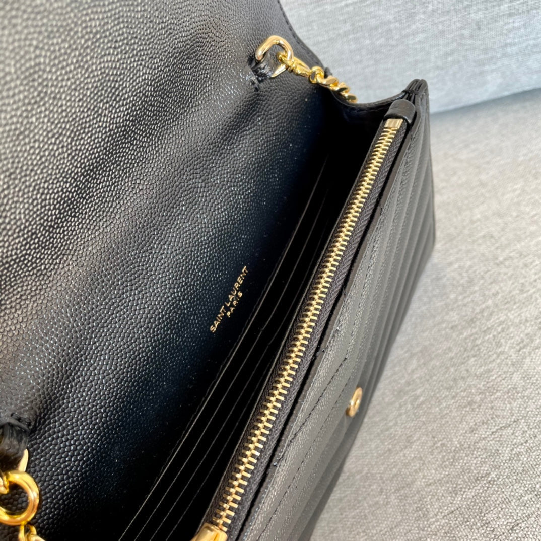 YSL  Cassandre Envelope Chain Wallet Black Grain Leather Golden Hardware 19 cm mysite