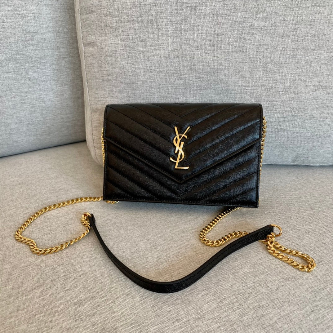 YSL  Cassandre Envelope Chain Wallet Black Grain Leather Golden Hardware 19 cm mysite