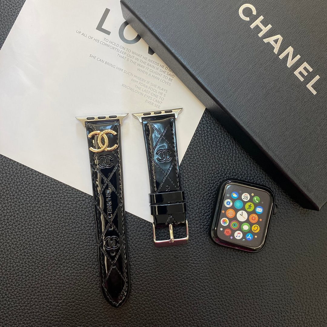 Glossy Leather Apple Watch Strap Luxury Metal Logo mysite