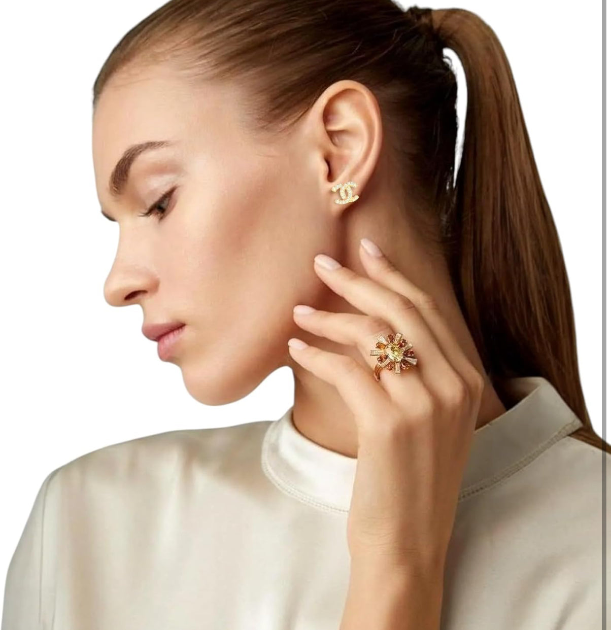 Double c logo stud with zirconia gold tone mysite