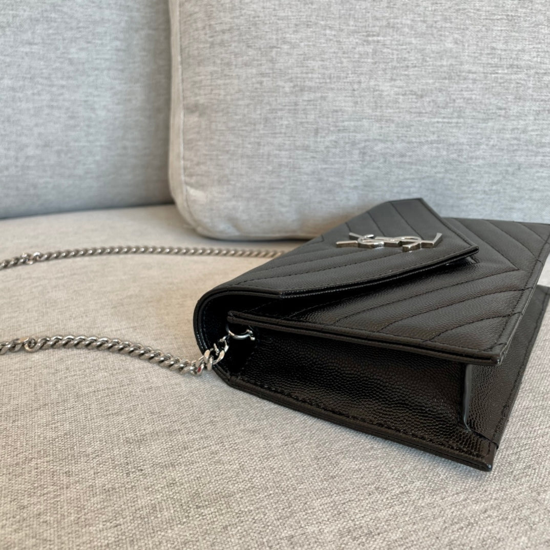 YSL  Cassandre Envelope Chain Wallet Black Grain Leather 19x11.5x4 cm mysite