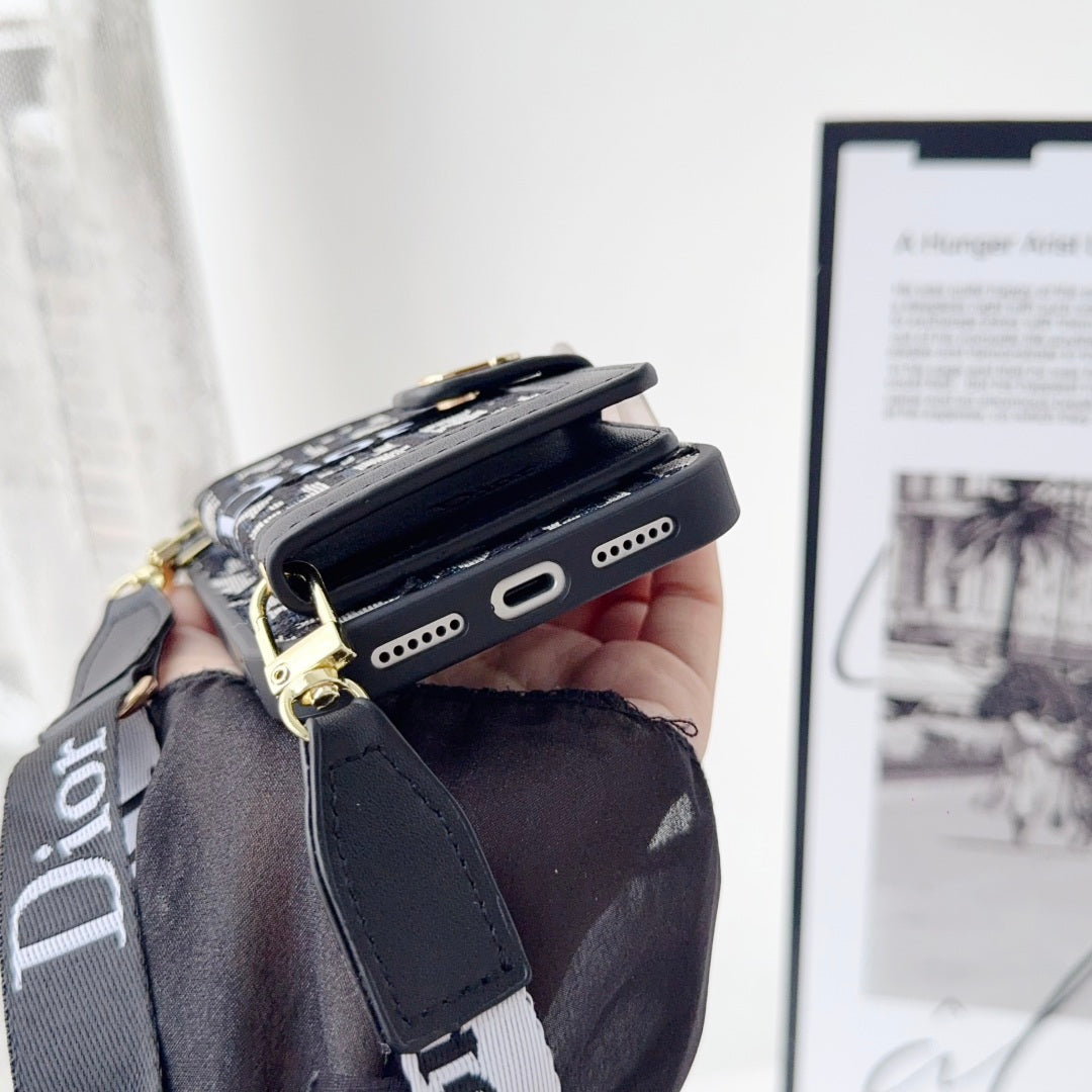 Dior Leather Phone Case With Card Wallet And Strap For iPhone 17 / 16 / 15 / 14s mysite