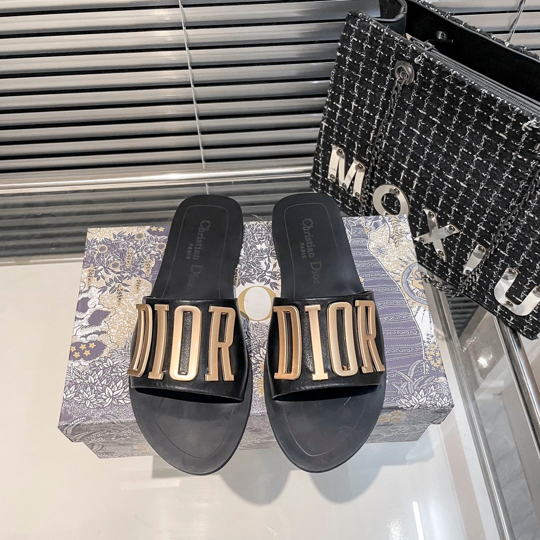 Metal Letters Solid Color Flat Slippers mysite