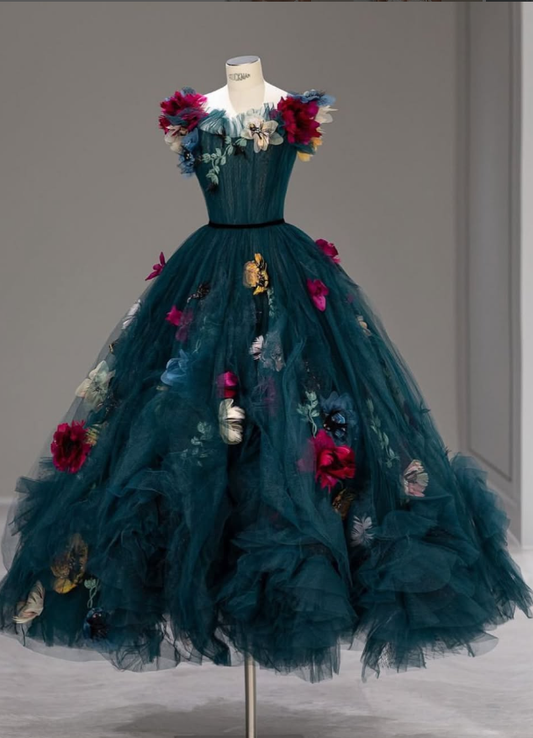 Luxurious A Line Strapless 3D Floral Tulle Ball Gown Prom Dress SH1869s mysite