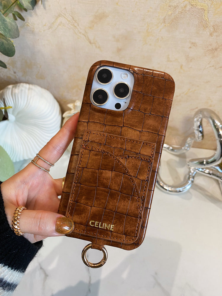 Alligator Print Celine iPhone Case With Card Holder And Strap Brown -EYP241415 mysite